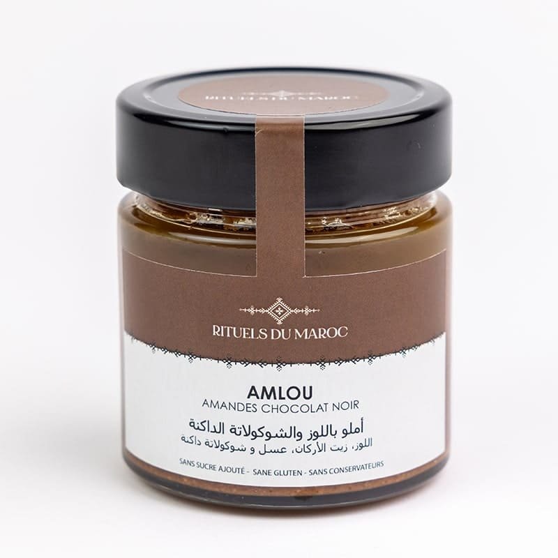 Amlou amandes chocolat noir 1 Amlou amandes au chocolat noir sans sucre et 100 % cacao – Rituels du Maroc