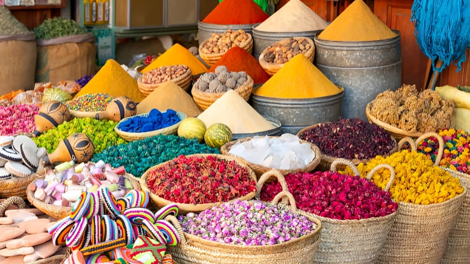 Épices du Maroc : secrets, bienfaits et rituels d’une gastronomie authentique 2 Épices marocaines colorées exposées dans un souk traditionnel