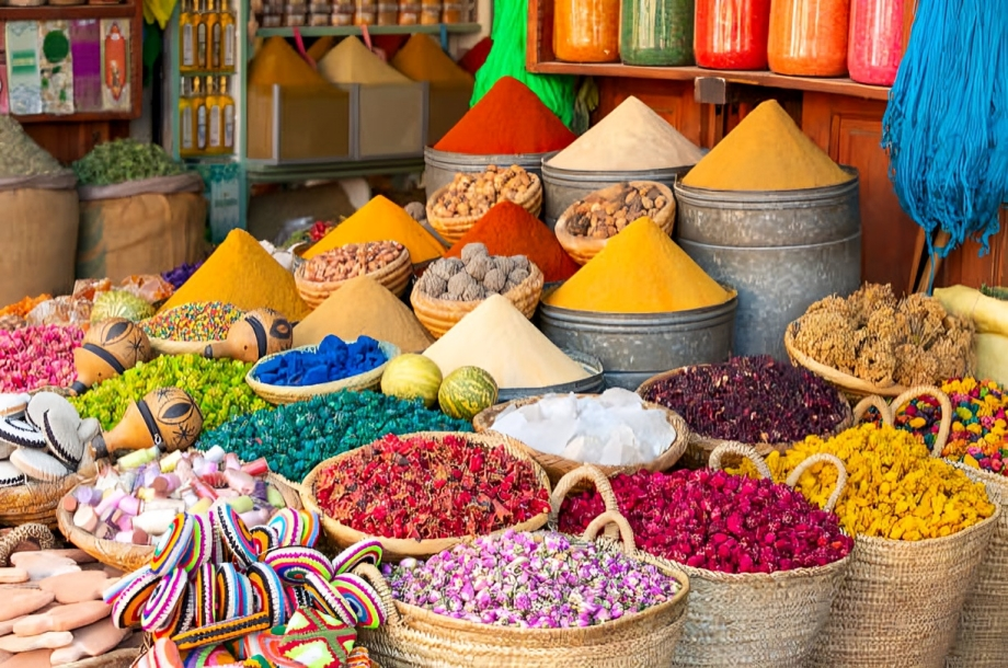Pourquoi les produits du terroir marocain séduisent les marchés internationaux 4 Épices marocaines colorées exposées dans un souk traditionnel