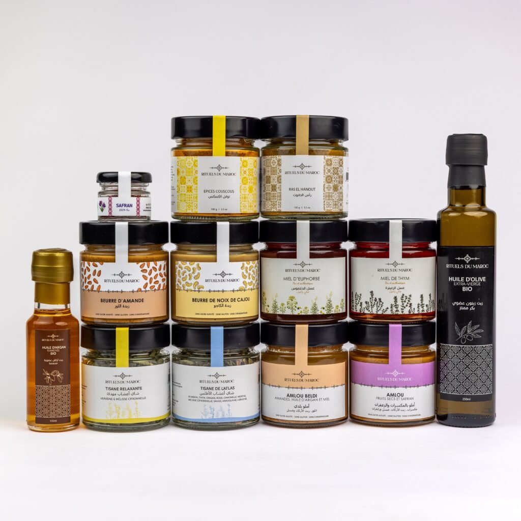 Produits du terroir marocain Rituels du Maroc avec huile d’argan, huile d’olive, miel, amlou, épices et tisanes