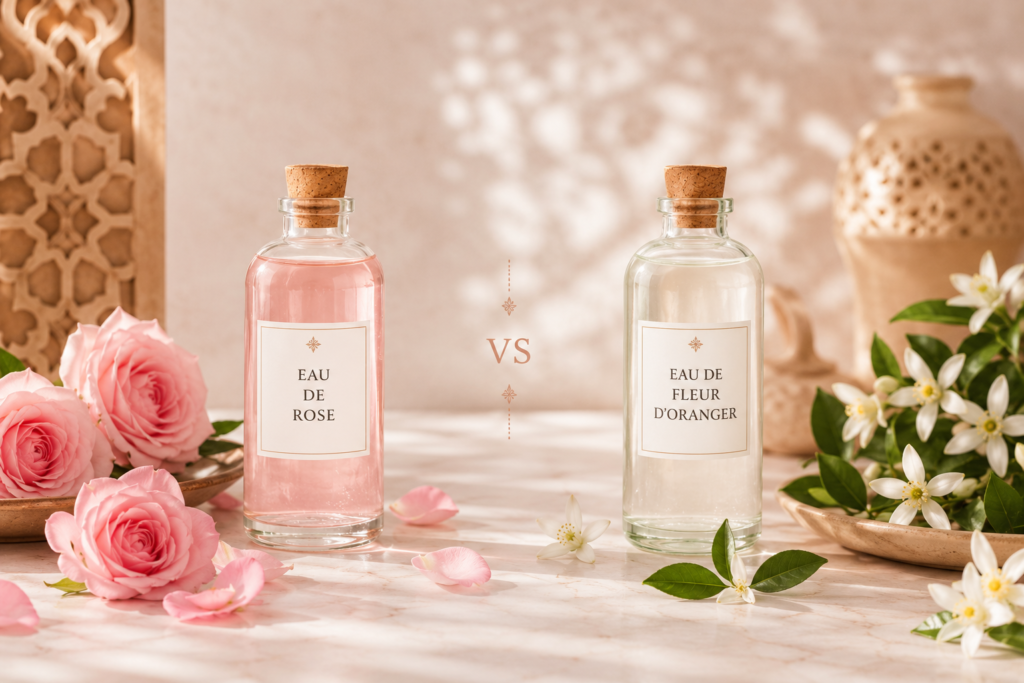 Eau de rose ou eau de fleur d’oranger : quelles différences et laquelle choisir ? 1 Comparaison entre l’eau de rose et l’eau de fleur d’oranger dans des flacons élégants avec fleurs naturelles marocaines