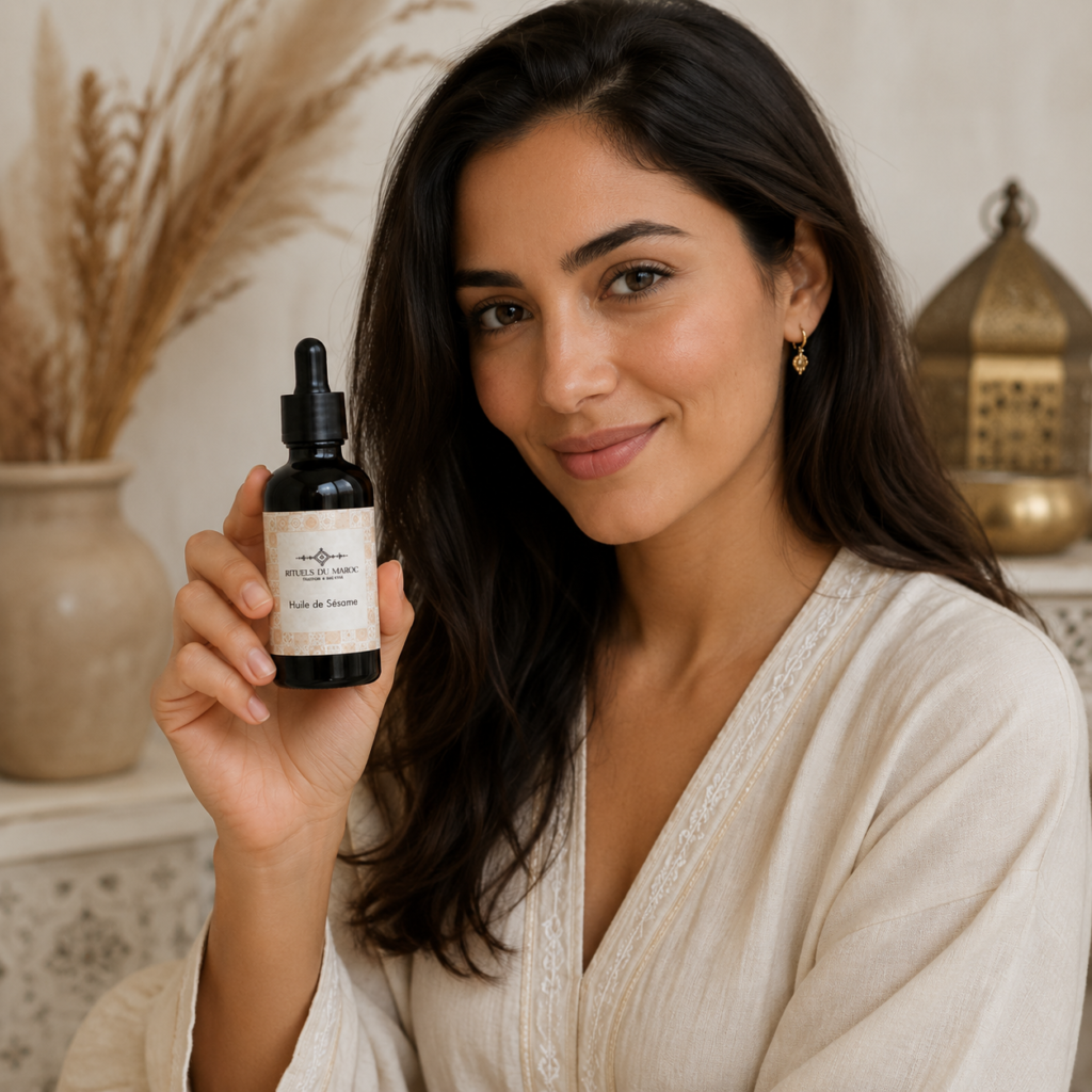 Huile de sésame tenue par une femme lors d'un rituel de beauté naturelle inspiré des soins traditionnels marocains