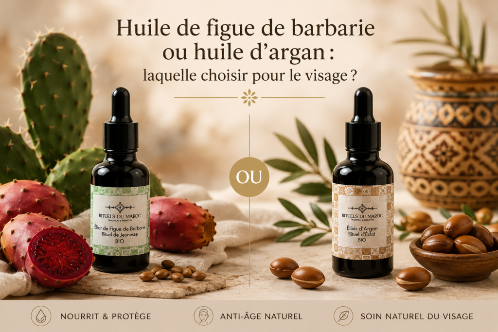Huile de figue de barbarie ou huile d’argan : laquelle choisir pour le visage ? 1 huile de figue de barbarie ou huile d'argan pour le visage avec les élixirs bio Rituels du Maroc
