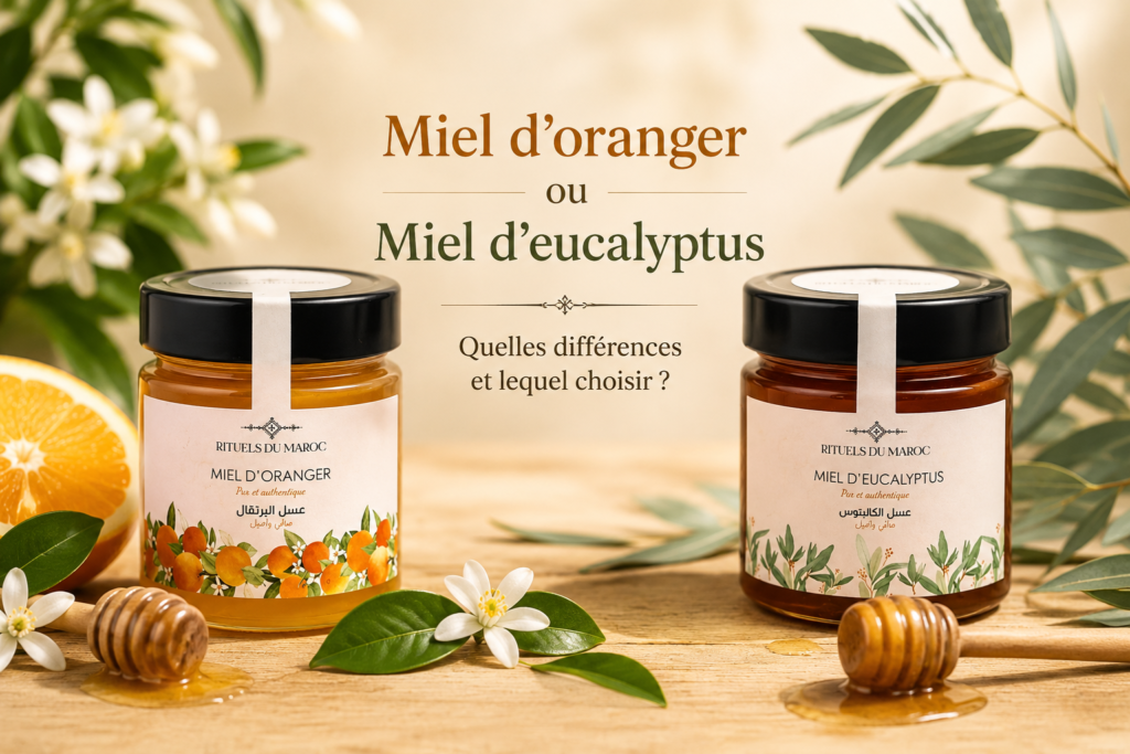 Miel d’oranger ou miel d’eucalyptus : quelles différences et lequel choisir selon vos besoins ? 1 Miel d’oranger ou miel d’eucalyptus présentés côte à côte pour comparer leurs différences de couleur, de saveur et d’usage