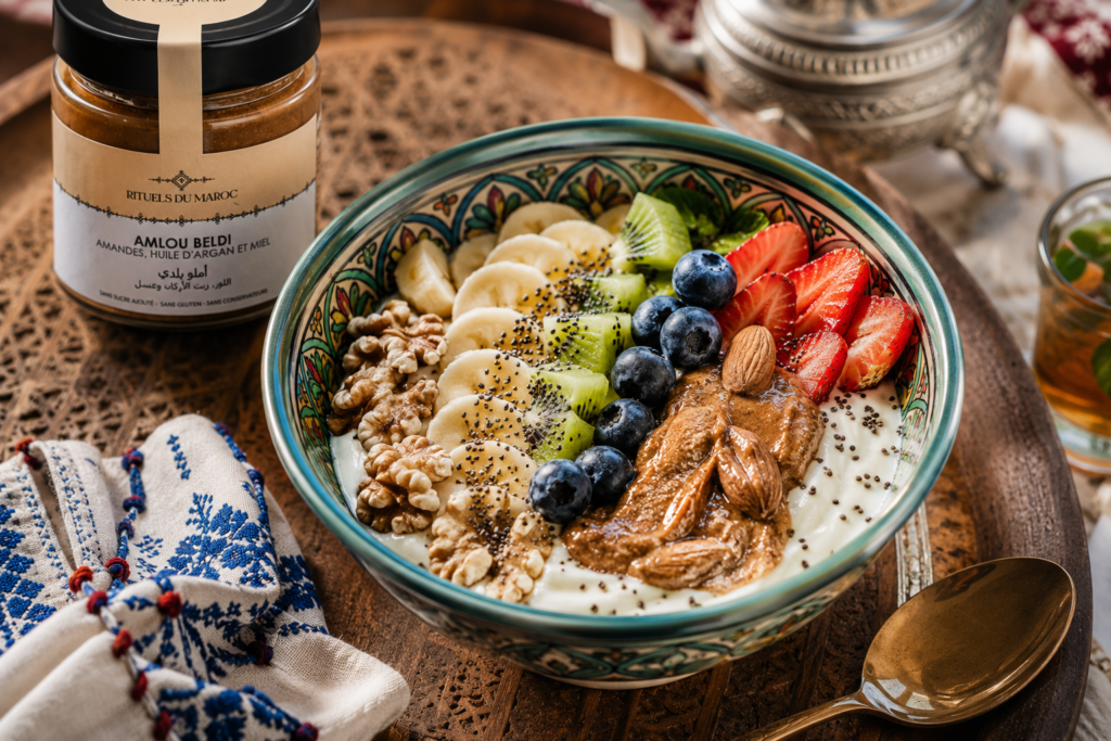 5 recettes gourmandes à base d'Amlou beldi amandes pour redécouvrir le goût authentique du Maroc 6 Bol de yaourt grec garni de fruits frais, d'Amlou beldi aux amandes Rituels du Maroc, de noix et de graines de chia avec le pot d'Amlou en arrière-plan.