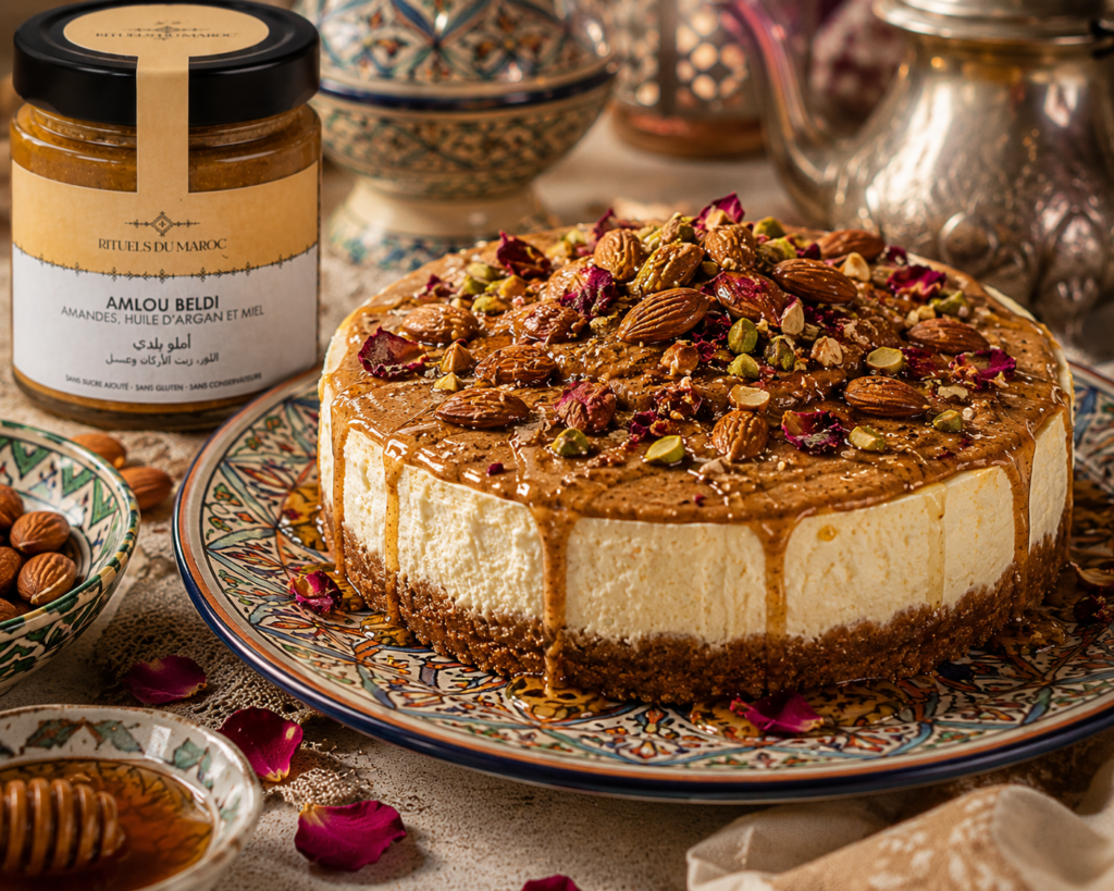 5 recettes gourmandes à base d'Amlou beldi amandes pour redécouvrir le goût authentique du Maroc 13 Cheesecake gourmand nappé d'Amlou beldi aux amandes Rituels du Maroc, garni d'amandes grillées, de pistaches, de miel et de pétales de rose.