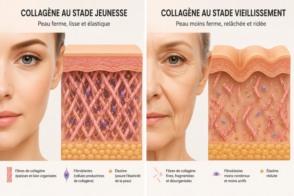 Collagène : comment préserver naturellement la fermeté de votre peau grâce aux soins naturels 1 Comparaison entre le collagène d'une peau jeune et celui d'une peau vieillissante montrant la densité des fibres de collagène et la perte de fermeté avec l'âge.