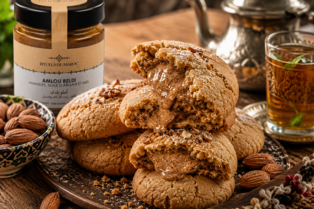 5 recettes gourmandes à base d'Amlou beldi amandes pour redécouvrir le goût authentique du Maroc 8 Cookies maison fourrés à l'Amlou beldi aux amandes Rituels du Maroc avec un cœur fondant, servis avec un thé marocain traditionnel.