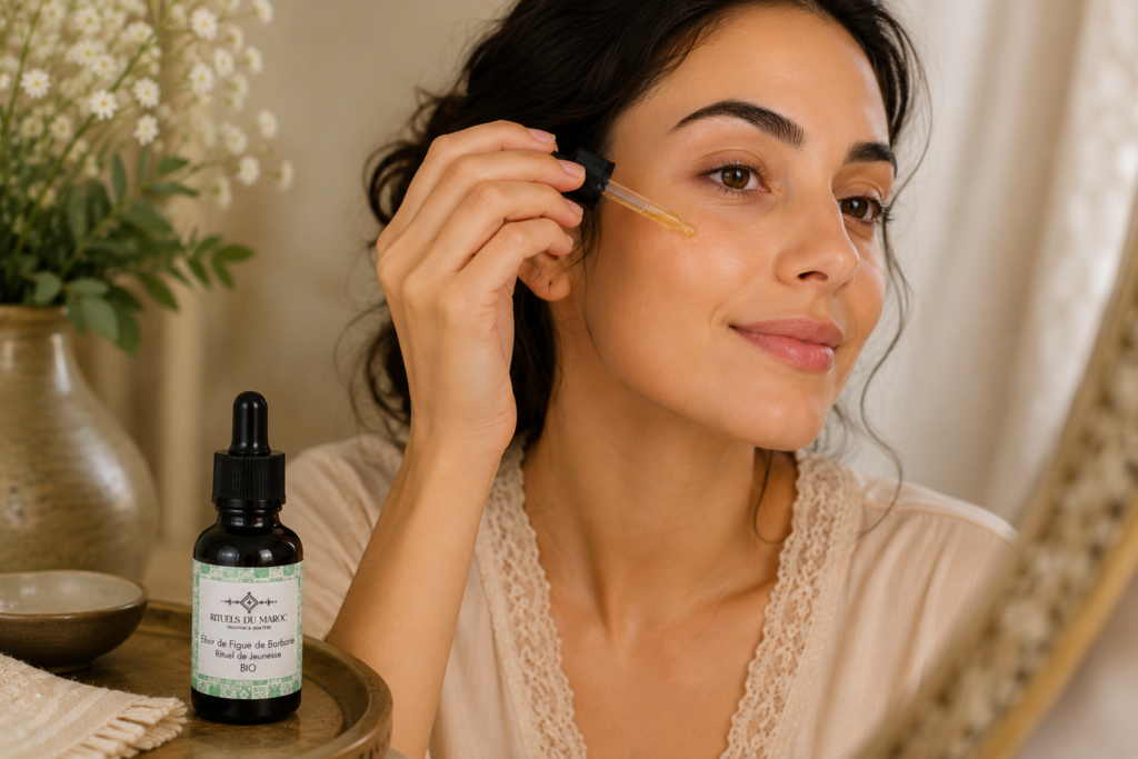 Femme appliquant l'huile de figue de barbarie Rituels du Maroc sur le contour des yeux avec une pipette.