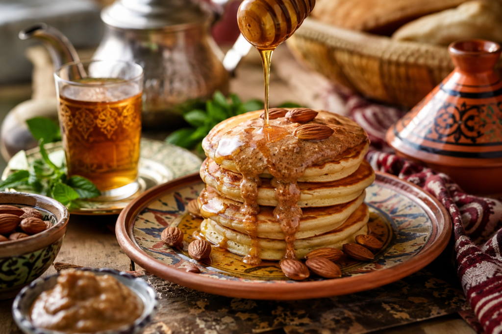 5 recettes gourmandes à base d'Amlou beldi amandes pour redécouvrir le goût authentique du Maroc 5 Pancakes moelleux garnis d'Amlou beldi aux amandes avec un filet de miel marocain, servis lors d'un petit-déjeuner traditionnel marocain.