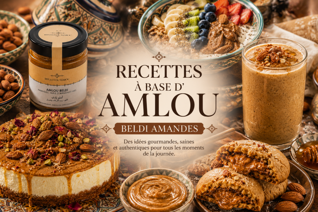 5 recettes gourmandes à base d'Amlou beldi amandes pour redécouvrir le goût authentique du Maroc 1 Image de couverture présentant plusieurs recettes gourmandes à base d'Amlou beldi aux amandes Rituels du Maroc : cheesecake, cookies, smoothie et bol de yaourt.