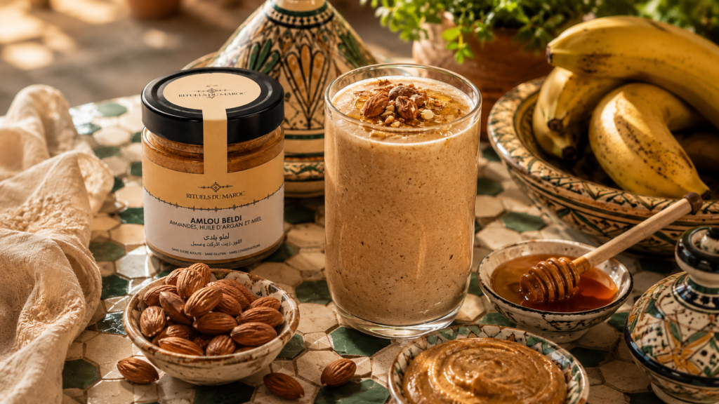 5 recettes gourmandes à base d'Amlou beldi amandes pour redécouvrir le goût authentique du Maroc 10 Smoothie crémeux à l'Amlou beldi aux amandes Rituels du Maroc servi dans un verre transparent, garni d'amandes grillées, de miel et de cannelle.