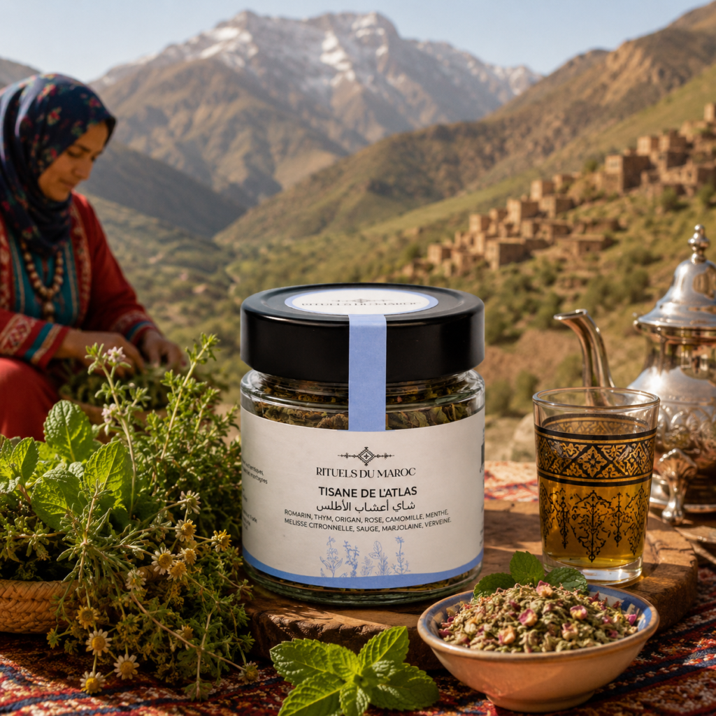 Tisane de l'Atlas artisanale composée de romarin, thym, menthe, camomille et plantes aromatiques marocaines