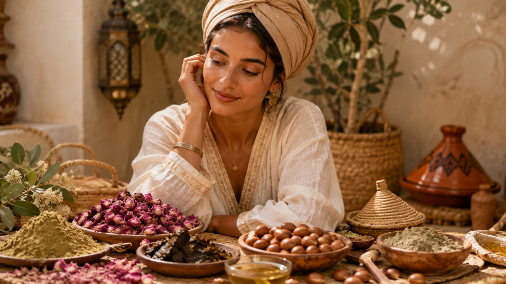 Les Rituels du Maroc : l’art de la beauté naturelle entre héritage et modernité 1 Rituels du Maroc avec une femme entourée de produits naturels du terroir marocain
