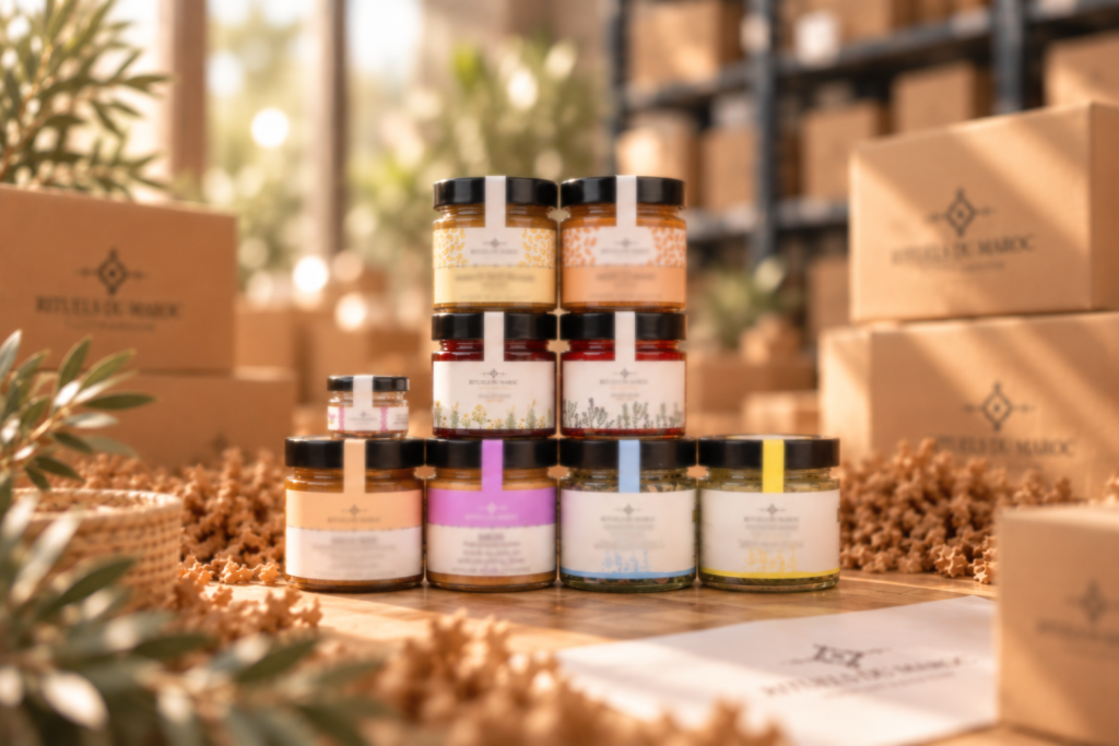 Produits marocains Rituels du Maroc présentés dans un univers professionnel