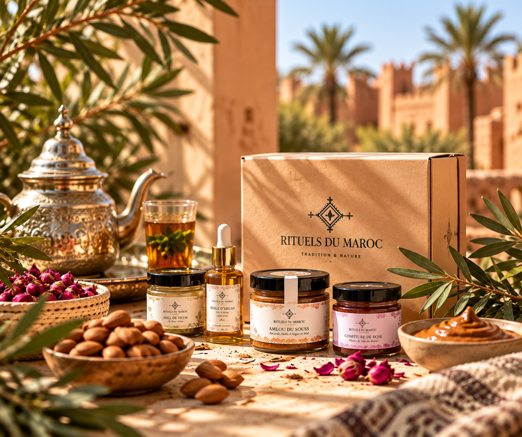 Assortiment de produits du terroir Rituels du Maroc comprenant du miel de thym, de l'huile d'argan, de l'Amlou du Souss et de la confiture de rose devant un coffret en carton kraft, dans un décor marocain ensoleillé avec une théière traditionnelle.