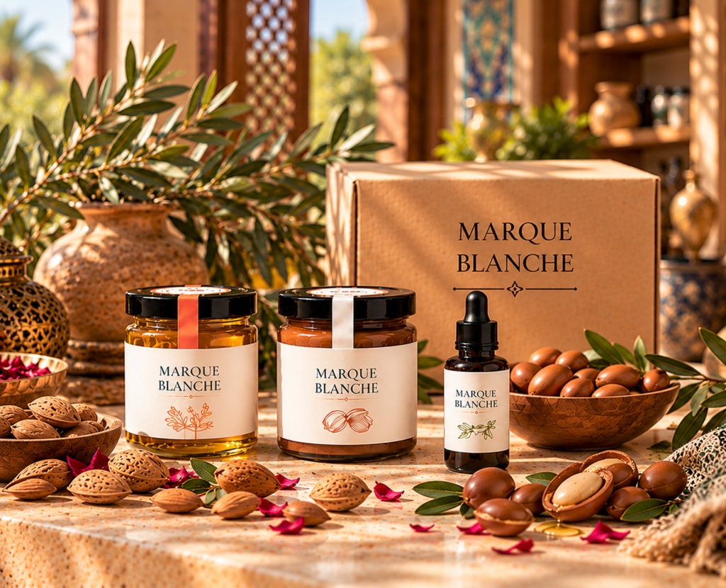 Exemples de produits marocains personnalisables en marque blanche pour les professionnels et distributeurs.